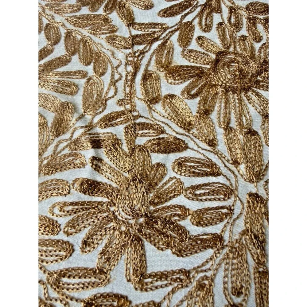 Vtg Handmade AGHABANI Large Tablecloth & 12 Napkins Gold Silk on White 110 x 72”